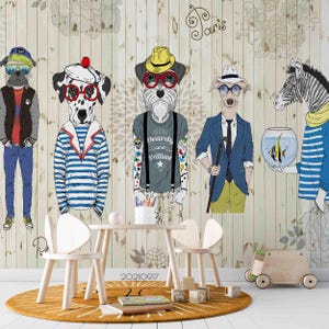 Cartoon muurmuurschildering – 3D dierenbehang voor kinderen, Peel-and-Stick-behang, kunst aan de muur voor woonkamer, slaapkamer en kantoor