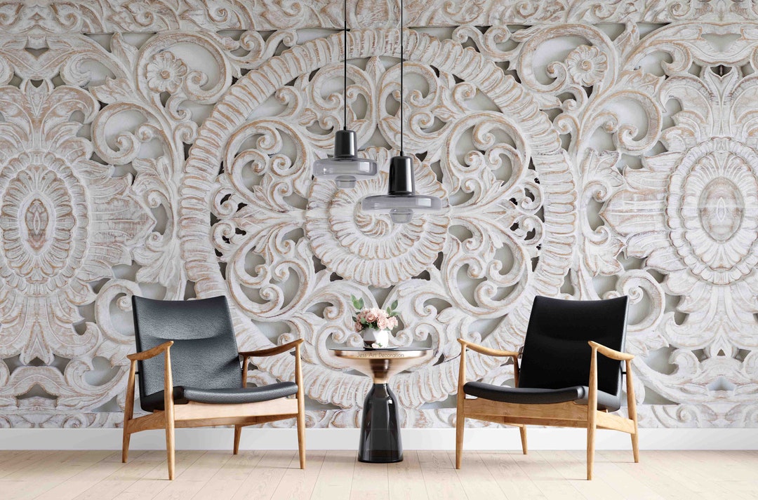 3D Embossed Wallpaper, Floral Wall Mural, White Wall Decor, Vintage