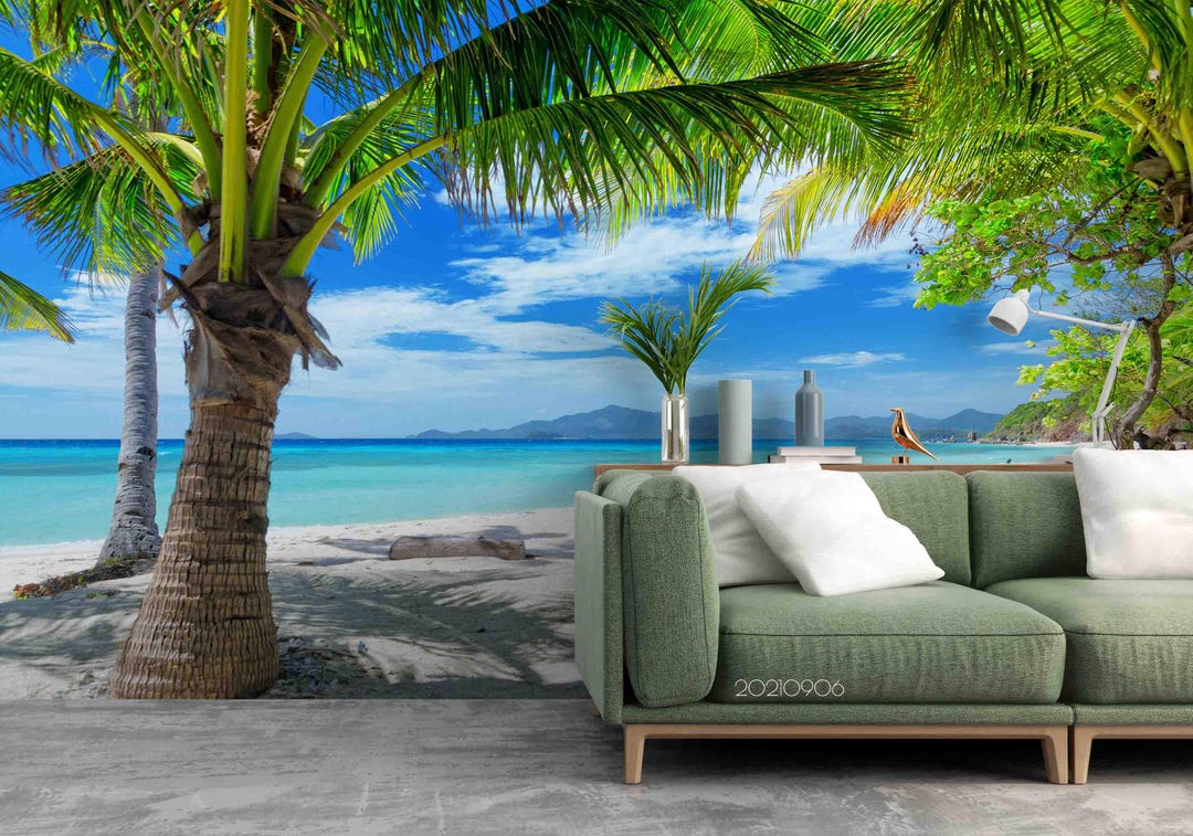 Tropical Beach Wall Mural – Palm Trees, Island View (peel and