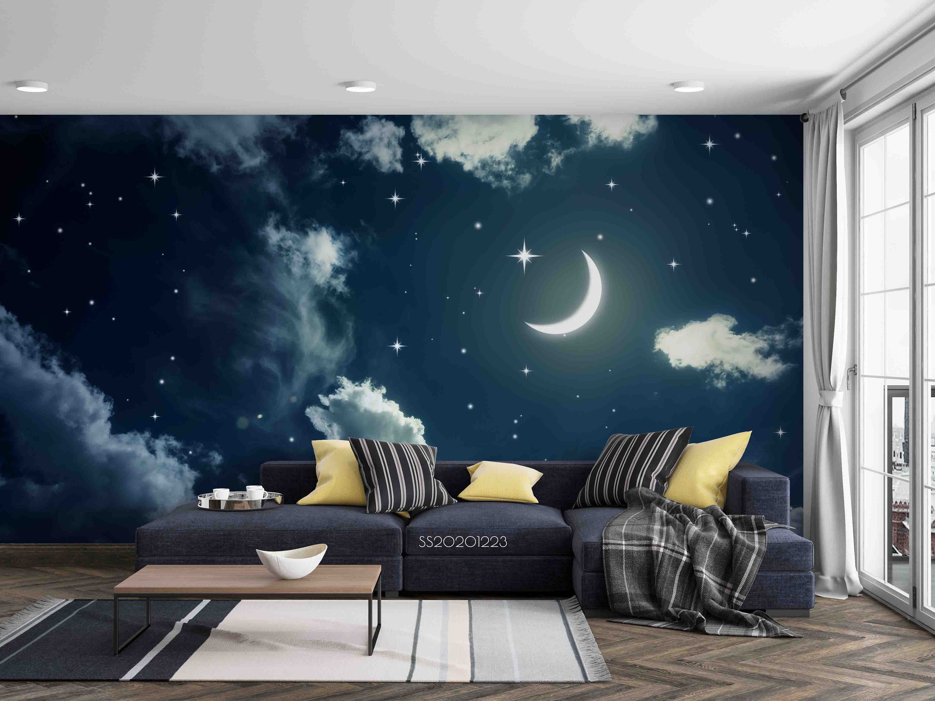 Night Stars Mural Moon On Sky Ceiling Decal Ceiling Decor Night