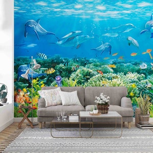 Carta da parati rimovibile con animali 3D, delfino, pesci rossi, alghe, coralli, carta da parati rimovibile, decorazione murale con carta da parati per sala giochi, r