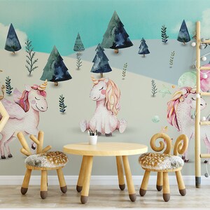 3D Unicorn Wallpaper, Forest Wall Mural, Cartoon Wall Decor, Kids Wall Art, Peel and Stick, verwisselbaar behang, muursticker