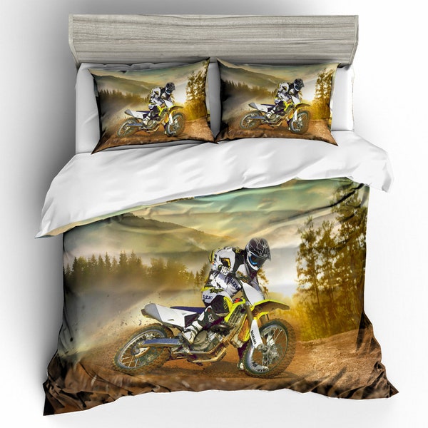 3D Motorcycle Duvet Covers Set, Motor Quilt Cover, Racer Bedding Set, Racing Doona Cover, Raceway Queen Bedding, Sunset King Bedding