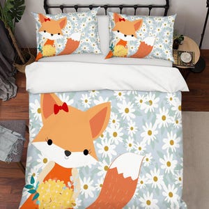 3D Cartoon Bettwäsche Set, Fuchs Quilt Cover, Blumen Bettwäsche Set, Orange Doona Bezug, Gelbe Bettwäsche, Weiße Bettwäsche