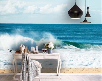 Mural de papel pintado con olas marinas en 3D, decoración de pared playera, autoadhesivo