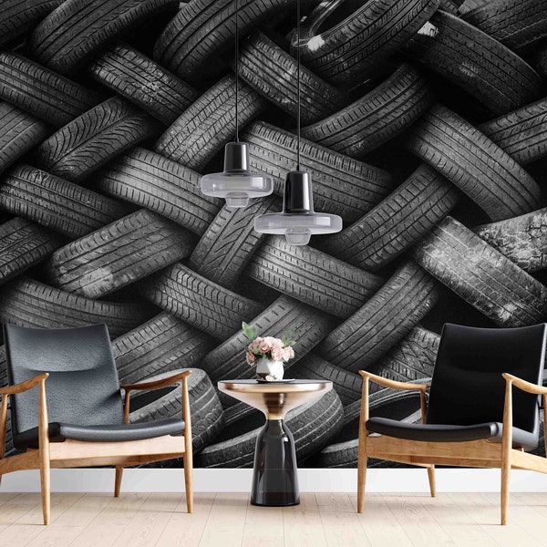 3D Pattern Tire Black Wallpaper Removable Wallpaper-Peel and stick Wall Mural,Playroom Wallpaper Wall deco,r