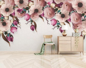 Pink Floral Wall Mural, Watercolor Flowers, Peel and Stick Wallpaper