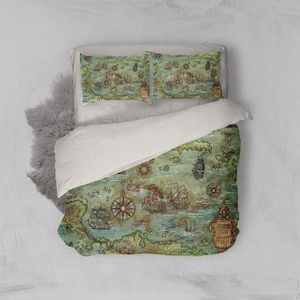 3D Schatzkarte Bettwäscheset, Nautical Quilt Cover, Compass Bettwäsche Set, Sea Doona Cover, Island Queen Bettwäsche, Old King Bettwäsche