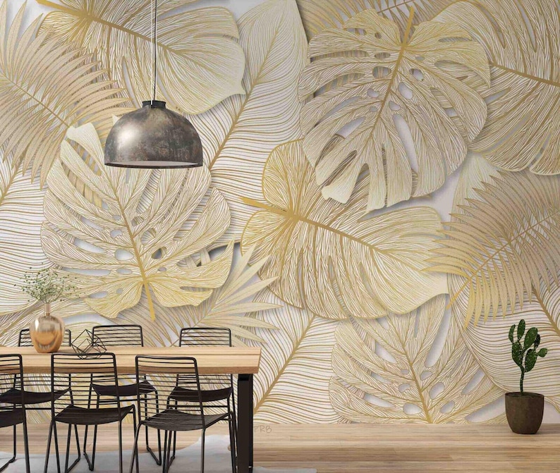 Gold Monstera Leaf 3D Wallpaper Mural, Peel and Stick Decal - Etsy