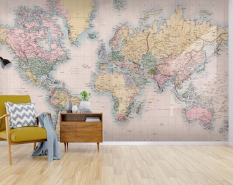 3D World Map Wallpaper, Vintage Style, Peel and Stick Mural