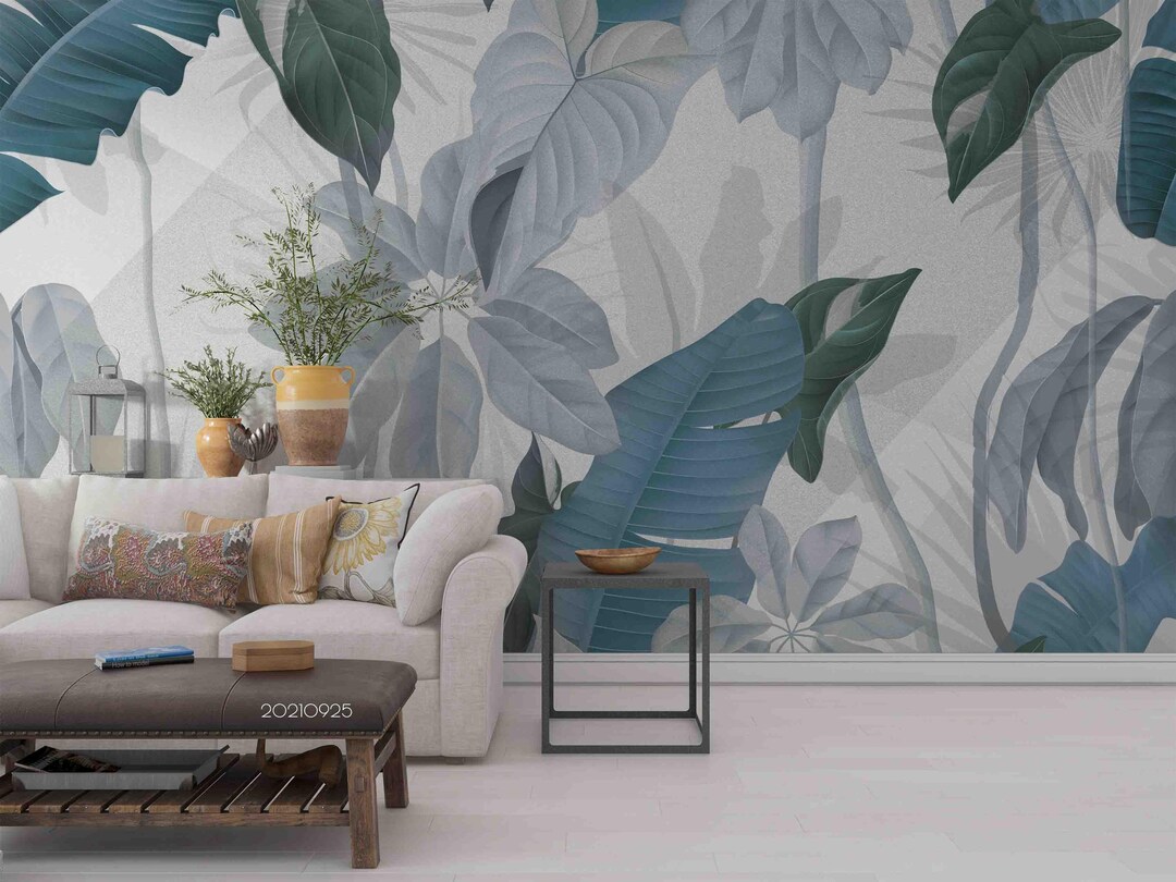 Tropical Leaf Wallpaper Mural – Hand Drawn Jungle Peel and Stick - Etsy
