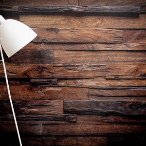 May include: A white tripod floor lamp with a conical shade is positioned in front of a dark brown, textured wooden wall. The lamp's design is minimalist, with a focus on clean lines and a bright, contrasting color against the rustic backdrop.