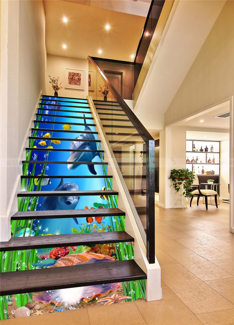 3D Seabed   Dolphin  Stair Sticker Stair Risers PVC Sticker image 1