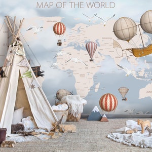3D-Weltkarten-Tapete, Heißluftballon-Wandbild, Segelboot-Wanddekoration, Kinder-Wandkunst, abziehen und aufkleben, abnehmbare Tapete, Wandaufkleber