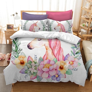 Juego de fundas de edredón de unicornio 3D, funda de edredón floral, juego de ropa de cama colorido, funda Doona de dibujos animados, ropa de cama doble de acuarela, juego de ropa de cama para niños