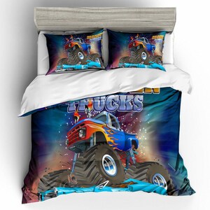 Juego de fundas de edredón con diseño de camión en 3D, funda de edredón con dibujos animados, juego de cama colorido, funda de edredón con diseño de monstruo, ropa de cama azul para dos personas, ropa de cama con letras