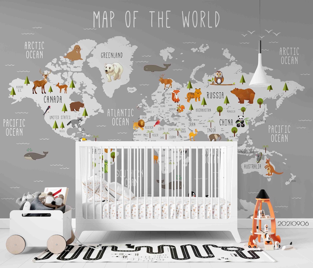 Animal World Map Wall Mural – Kids Room Decor, Peel and Stick Wallpaper ...