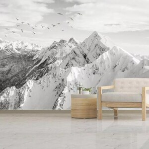 Carta da parati 3D con montagne innevate, murale con uccelli, decorazione da parete con nuvole, arte da parete con paesaggio, stacca e incolla, carta da parati rimovibile, adesivo da parete