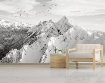 Mural de pared de montaña nevada, papel pintado con paisaje de aves, autoadhesivo