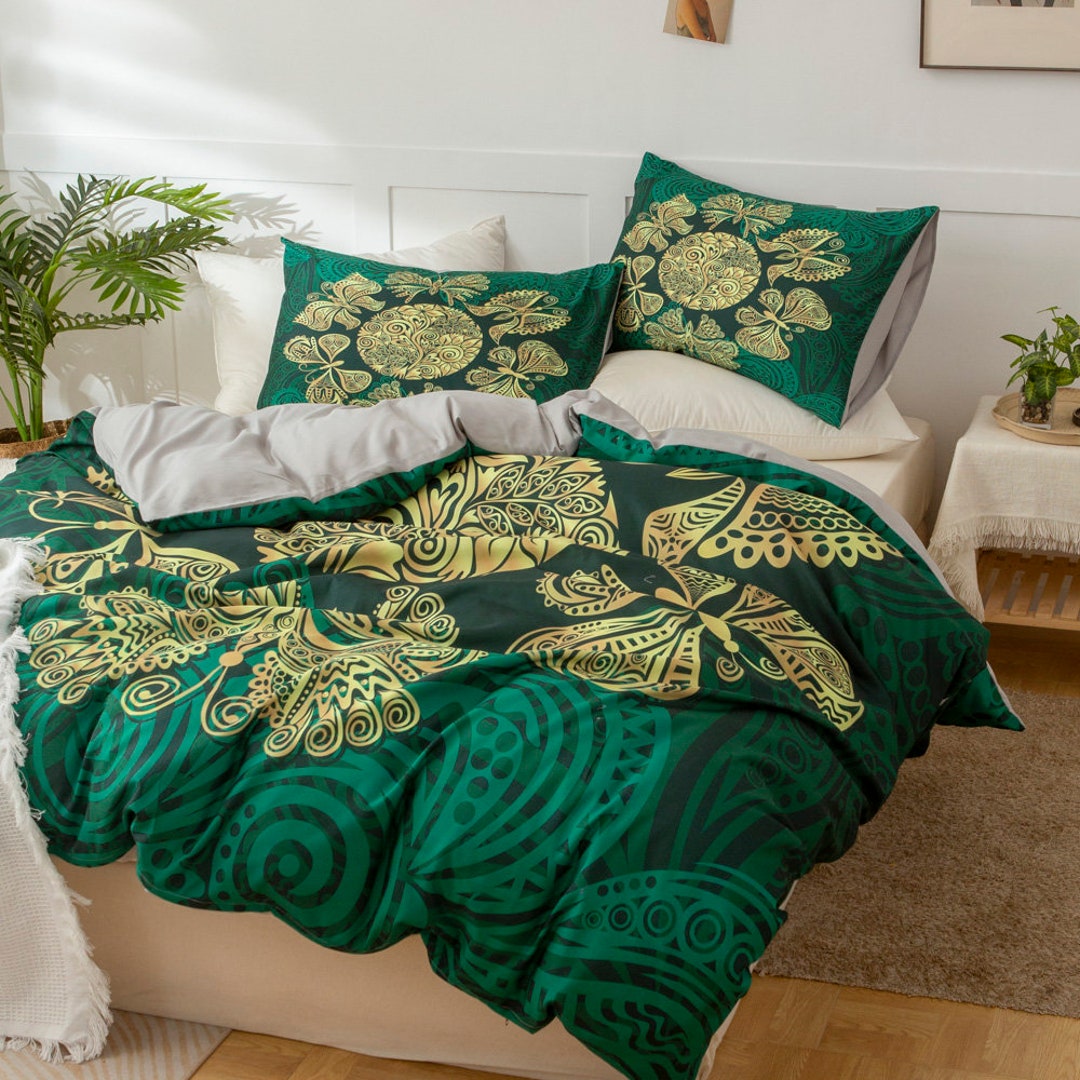3D Medallion Duvet Covers Set, Pattern Quilt Cover, Green Bedding Set