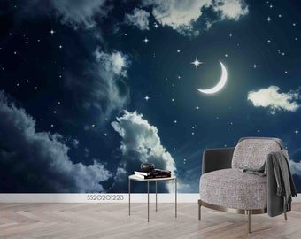 3D Night Sky Wallpaper, Moon Wall Mural, Stars Wall Decor, Cloud Wall Art, Peel and Stick, Removable Wallpaper, Wall Sticker