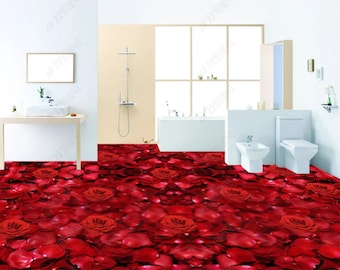 Rose rouge florale 3D, décoration murale en vinyle, vinyle auto-adhésif, oeuvre d'art pour sol, sol de salle de bain, sol de cuisine, sol époxy, impression 3D, visuel 3D