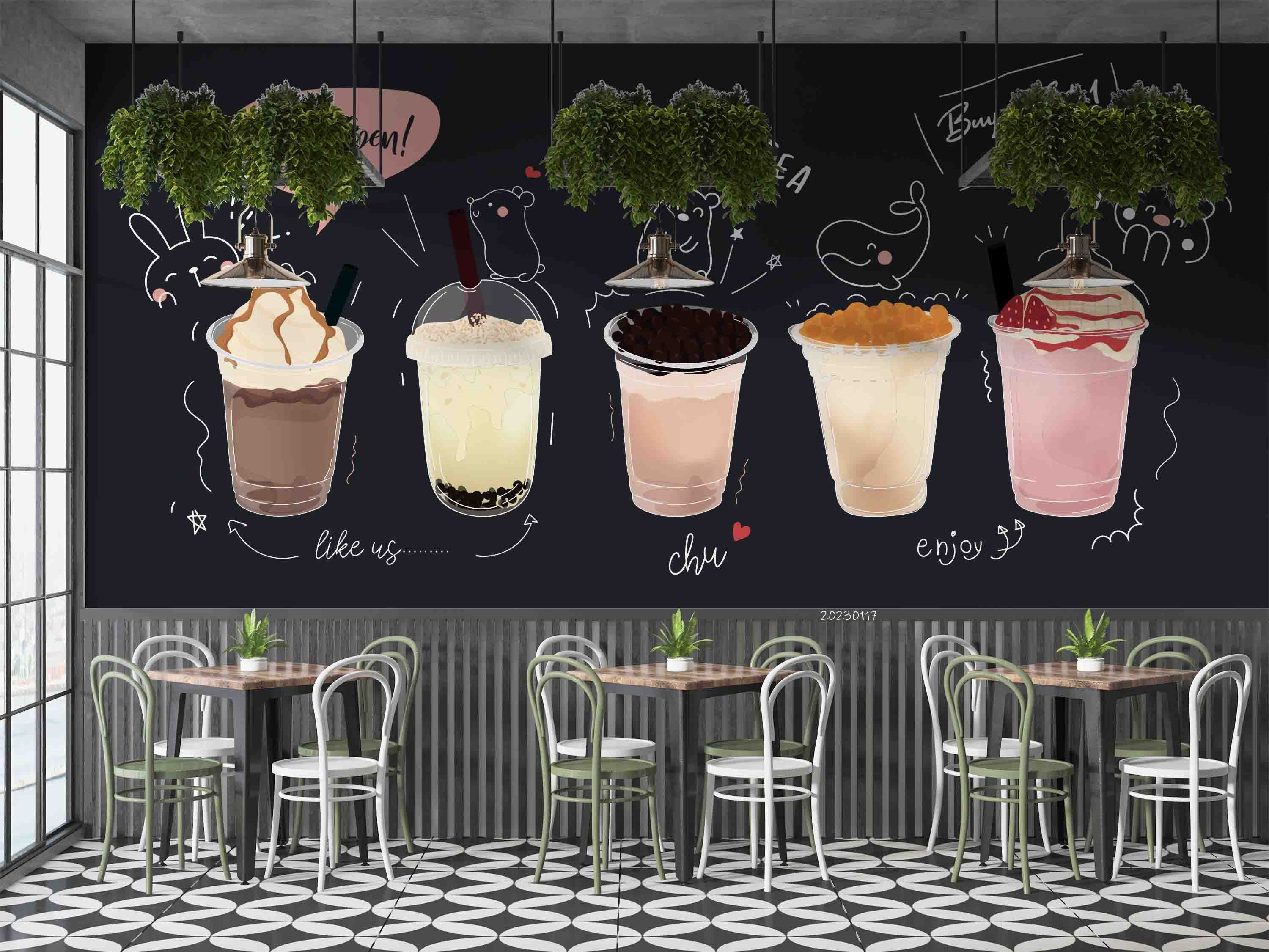 3D Bubble Tea D92 Fruit Pearl Tea Milk Tea Shop Wallpaper Mural  Self-adhesive