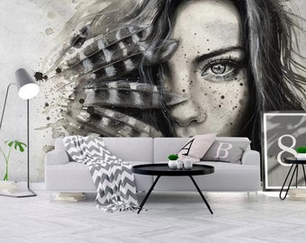 Papel pintado de mujer 3D, mural de pared de plumas, decoración de pared en blanco y negro, arte de pared de estilo indio, pelar y pegar, papel pintado extraíble, pegatina de pared