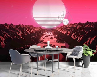 Retro Synthwave Creative Imagery Mountain Sunset Wall Mural – Peel and Stick Wallpaper