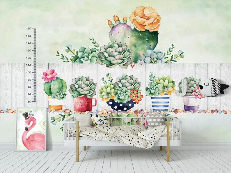 3D Kids Watercolor Succulent plant Wallpaper-Nursery | Etsy