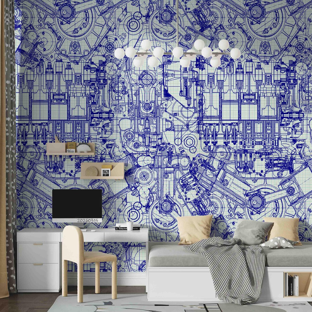 Steampunk Wall Mural –mechanical Engineering Drawings, Peel and Stick ...