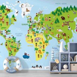 3D Cartoon World Map People Animal Plant Lighthouse Wallpaper Removable Wallpaper-Peel and stick Wall Mural, Playroom Wallpaper Wall decor,r