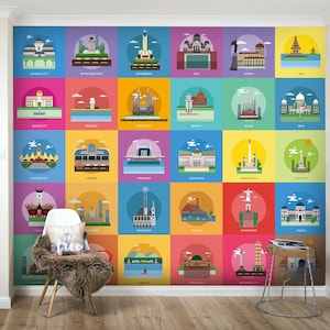 3D beroemd gebouw behang, kleurrijke muur muurschildering, Cartoon Wall Decor, Kids Wall Art, Peel en Stick, verwisselbaar behang, muursticker