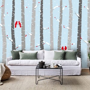 3D berkenbehang, bosmuurschildering, sneeuwmuurdecor, cartoon kunst aan de muur, Peel and Stick, verwisselbaar behang, muursticker