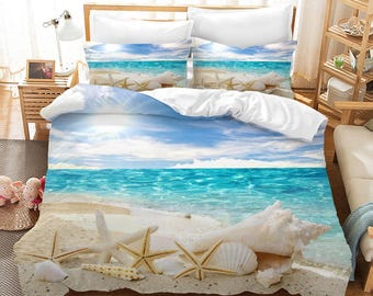 Set di biancheria da letto con motivo conchiglie da spiaggia, con stampa di conchiglie marine, stelle, conchiglie, con morbido piumino+2 federe (3 pezzi) o lenzuolo (4 pezzi) (A, singolo, 4 pezzi