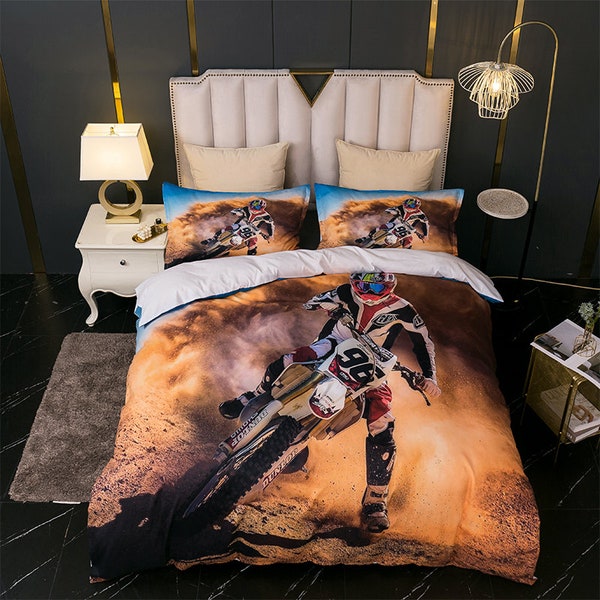 3D Motor Duvet Covers Set, Desert Quilt Cover, Super Motocross Bedding Set, Sport Doona Cover, Extreme Sports King Bedding, Moto Bedding Set