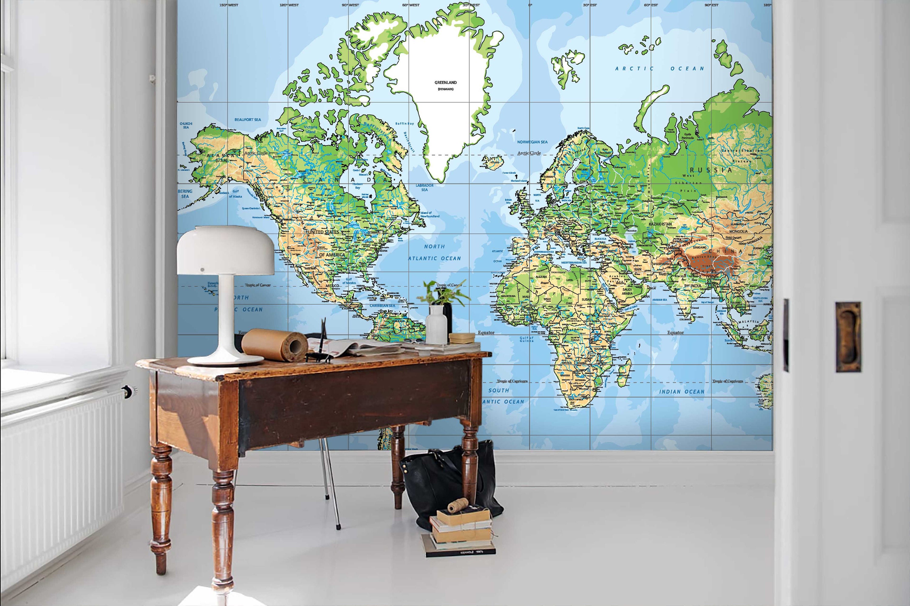 world map Self-adhesive Removable Wallpaper Wall Mural Decor 3D Blue-tones 