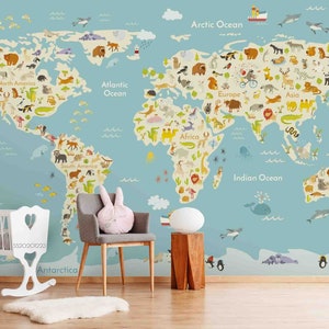 3D Cartoon World Map Animal Ship Kids Wallpaper Removable Wallpaper-Peel and stick Wall Mural, Playroom Wallpaper Wall Decor,r