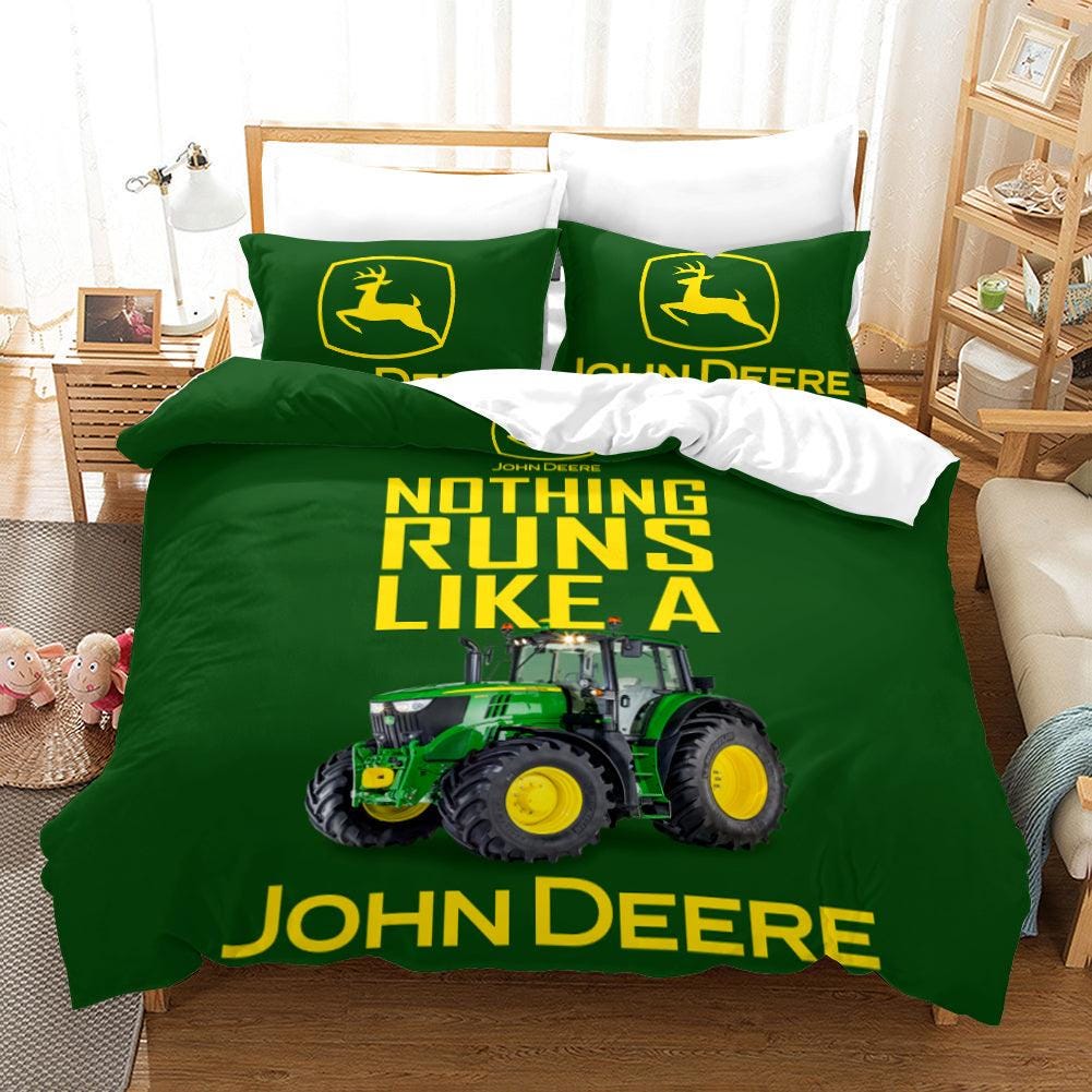 Set di biancheria da letto per ragazzi con trattori, giallo e verde, per ragazzi, con escavatore, decorativo, con 2 federe, per letto matrimoniale