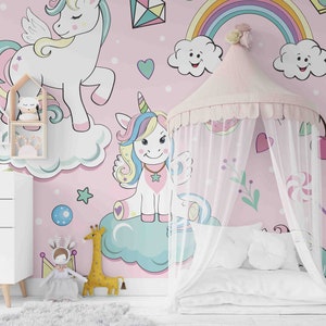 3D Cartoon Animal Unicorn Rainbow Cloud Wallpaper Removable Wallpaper-Peel and stick Wall Mural,Playroom Wallpaper Wall deco,r