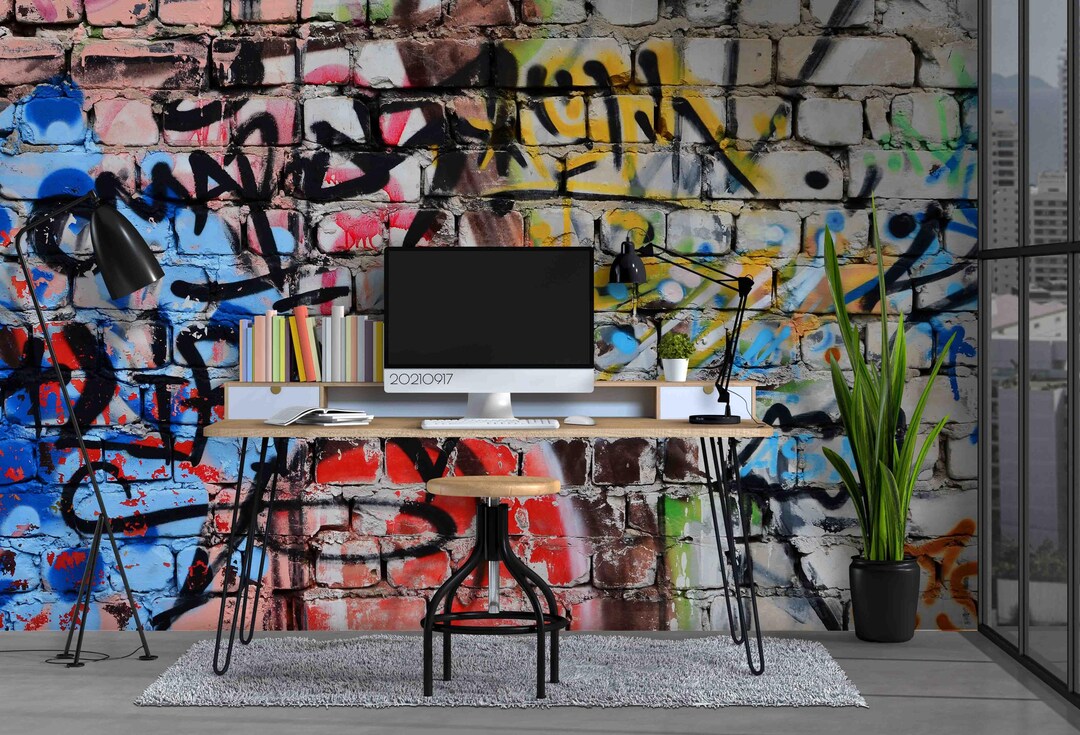 Colorful Graffiti Brick Wall Mural - Peel and Stick Wallpaper - Etsy