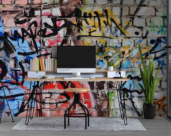 Colorful Graffiti Brick Wall Mural - Peel and Stick Wallpaper