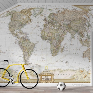 Papier peint carte du monde - Papier peint 3D rétro classique, papier peint autocollant, oeuvre d'art murale pour salon, chambre à coucher, bureau