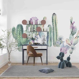 Carta da parati floreale 3D disegnata a mano con piante di cactus Carta da parati rimovibile-Murale con stacca e incolla, Carta da parati per sala giochi Decorazione murale, r
