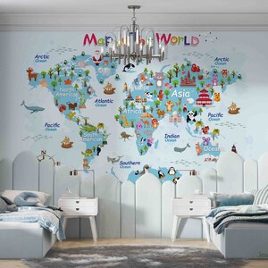 Papel tapiz de mapa del mundo de dibujos animados en 3D, papel tapiz extraíble para guardería, Mural de pared para pelar y pegar, decoración de pared para sala de juegos 480