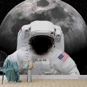 Carta da parati 3D con astronauta, carta da parati con pianeta, decorazione da parete spaziale, decorazione da parete dell’universo nero, peel and stick, carta da parati rimovibile, adesivo da parete