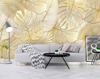 3D Palm leaf Wallpaper, Gold Wall Mural, Tropical Leaf Wall Decor, Old Wall Art, Peel and Stick, Removable Wallpaper, Wall Sticker