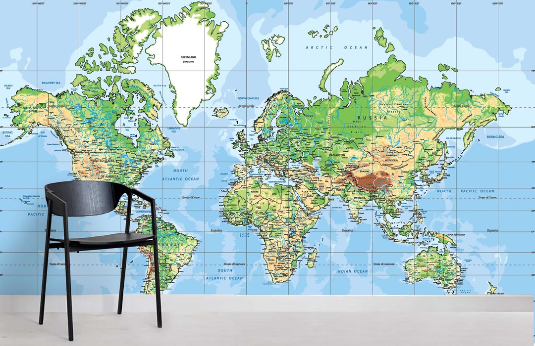 3D World Map Wallpaper, Details Wall Mural, Land Wall Decor, Ocean Wall