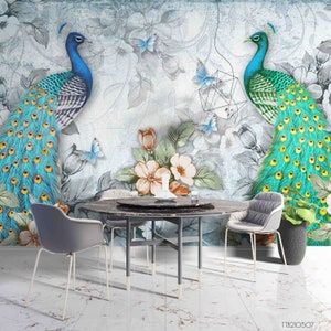 Papel pintado 3D de pavo real, mural de pared floral con mariposas (autoadhesivo)
