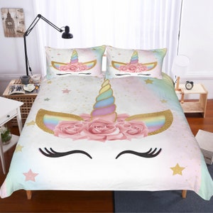 3D Unicorn Duvet Covers Set, Cartoon Quilt Cover, Floral Bedding Set, Stars Doona Cover, Fantasy Queen Bedding, Rainbow Colors King Bedding